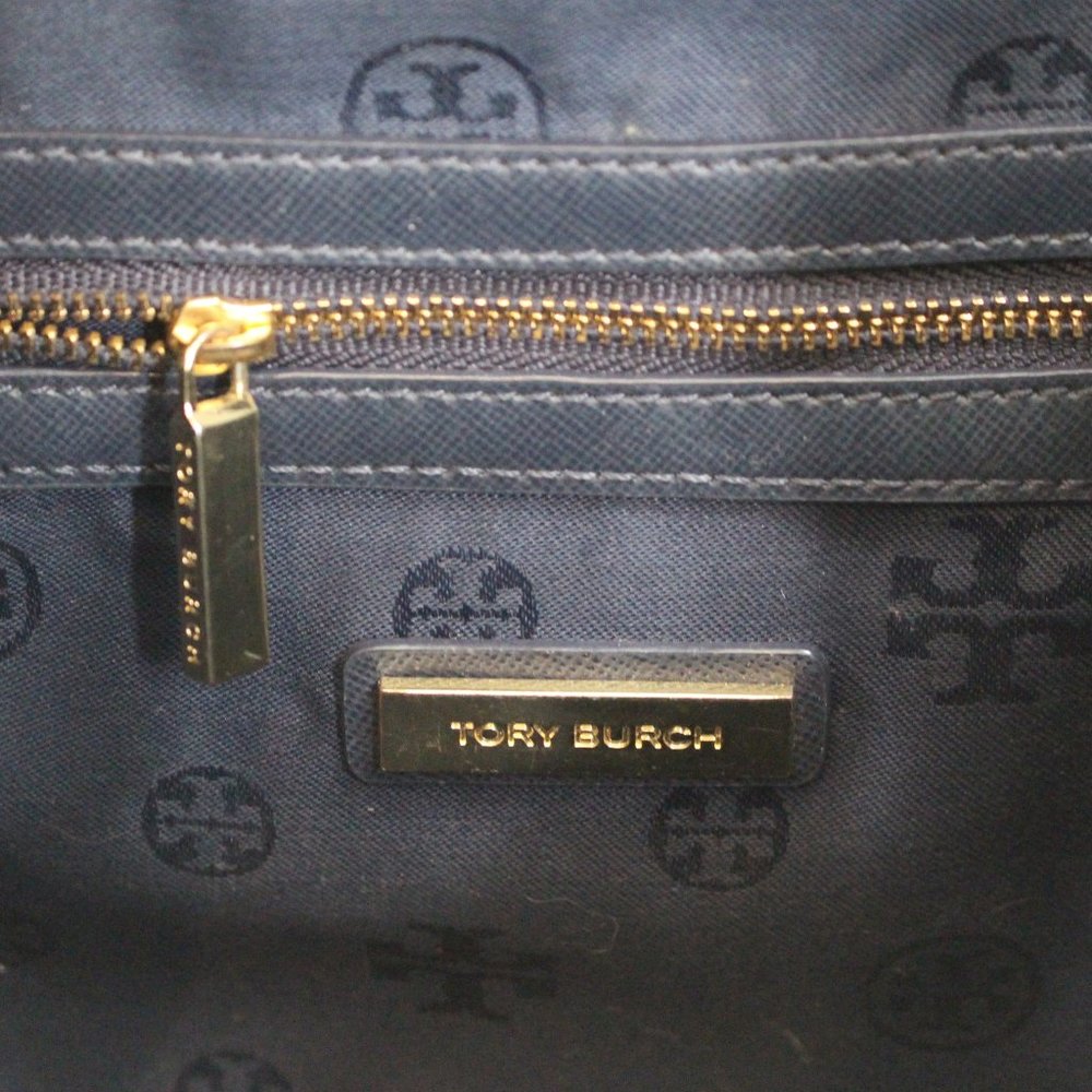 Tory Burch Navy Piper Backpack Woven Blue White Saffiano Leather - Picture 9 of 9